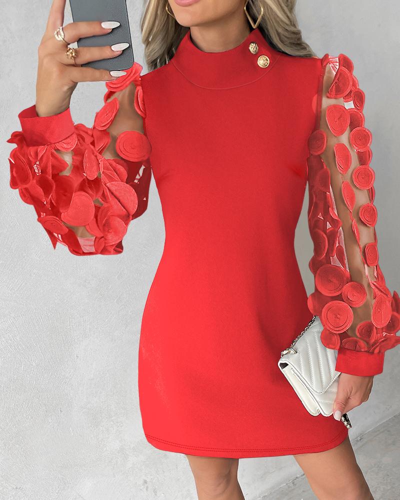 Golden Button Decor Mock Neck 3D Circle Appliques Sheer Mesh Long Sleeve Mini Dress Casual Zipper Back Party Dress, women Casual Dresses, ChicMe catalog