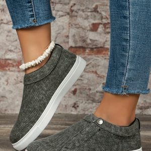 Casual Plain Non-Slip Slip On Flat Heel Canvas Button, Sneakers&Athletic, color:Black|size:43, Noracora