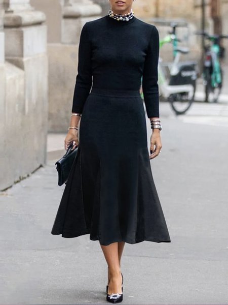 Urban Regular Fit Crew Neck Plain Midi Dress, Midi Dresses, color:Black|size:XXL, Stylewe