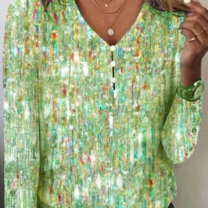 Women Casual Glitter Print Holiday V Neck Long Sleeve T-shirt, T-shirts, color:Yellow|size:XXL, Noracora