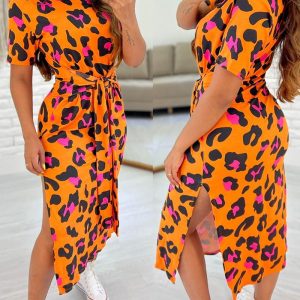 Pink Leopard Print Tied Detail Slit Casual Dress, Casual Dresses, chicme - Women's Fashion Online