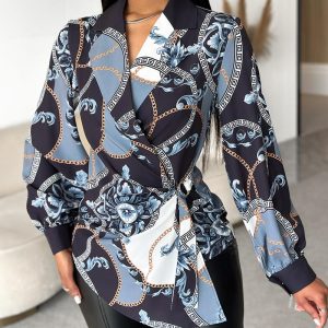 Floral Chain Geometric Print Buckled Overlap Top, Blouses & Shirts, chicme - Women's Fashion Online