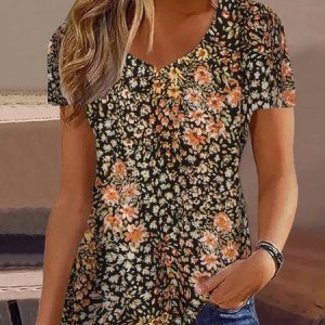 V Neck Short Sleeve Floral Regular Loose Shirt For Women 2023, Blouses, color:Black|size:XXL, Noracora