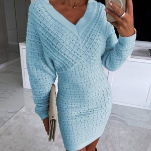 V-Neck Hollow Out Long Sleeve Knit Dress, Long Sleeves Dresses, chicme - Women's Fashion Online