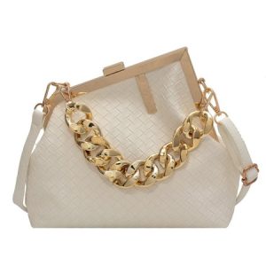 Casual Woven Metal Clutch Chain Handbag with Crossbody Strap, Bags, color:Beige|size:One-size, Stylewe