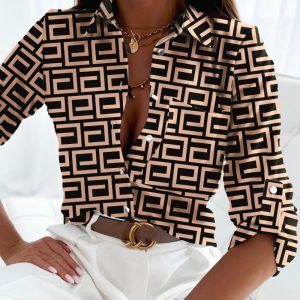 Geometric Print Roll Tab Sleeve Button Down Shirt, Blouses & Shirts, chicme - Women's Fashion Online