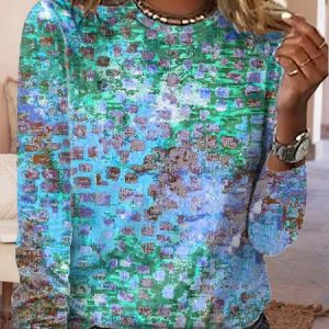 Loose Abstract Long sleeve Casual T-Shirt, T-shirts, color:Blue|size:XXL, Noracora