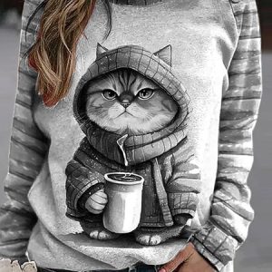 Women's Crew Neck Cat Casual Spring/Fall Long Sleeve Sweatshirt, JustFashionNow Sweatshirts & Hoodies, color:Gray|size:XXL,