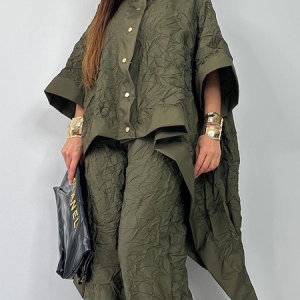 Loose Plain Stand Collar Short Sleeve Urban Mid-long Blouse, Blouses and Shirts, color:Army Green|size:XXL, Stylewe