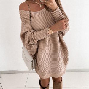 Plain Batwing Sleeve Knit Casual Dress, Long Sleeves Dresses, chicme - Women's Fashion Online