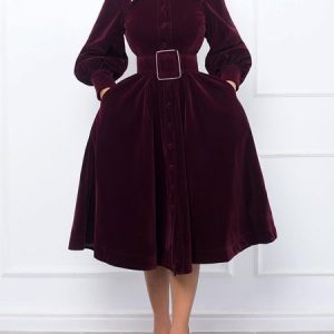 Pocket Stitching Shirt Collar Long Sleeve Elegant Plain Dress With Belt, Midi Dresses, color:Wine Red|size:XXL, Stylewe