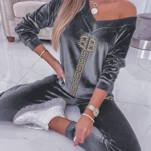 Rhinestone Geometric Letter Pattern Velvet Top & Pants Set, Two-piece Sets, chicme - Women's Fashion Online