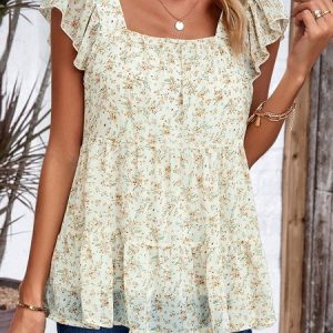 Square Neck Short Sleeve Small Floral Regular Loose Shirt For Women, Blouses, color:Apricot|size:XL, Noracora