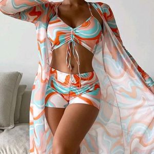 3PCS Allover Print Drawstring Bikini Set With Cover Up, Bikini, chicme - Women's Fashion Online