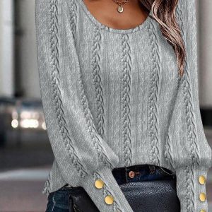 Button Decor Cable Textured Gigot Sleeve Top, T-shirt & Tees, chicme - Women's Fashion Online