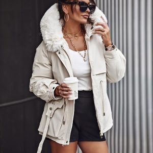 Faux Fur Lantern Sleeve Hooded Cargo Parka Coat, Jackets & Coats, chicme - Women's Fashion Online