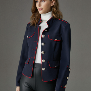 Stand Collar Color Block Long Sleeve Regular Fit Elegant Jacket  Brooch not included, Jackets, color:Navyblue|size:XXL, Stylewe