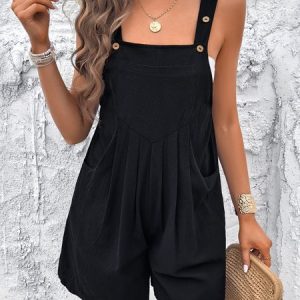 Women Sleeveless Loose Shorts Daily Casual Plain Natural Jumpsuit, Jumpsuits&Rompers, color:Black|size:XL, Noracora