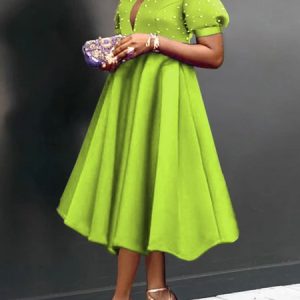 Plain Elegant Beaded Mesh Patch Short Sleeve  Dress, Midi Dresses, color:Green|size:XXL, Stylewe