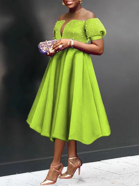 Plain Elegant Beaded Mesh Patch Short Sleeve Dress, Midi Dresses, color:Green|size:XXL, Stylewe