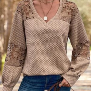 Boho V Neck Plain Sweatshirt Split Joint, Hoodies & Sweatshirts, color:Khaki|size:XXL, Noracora