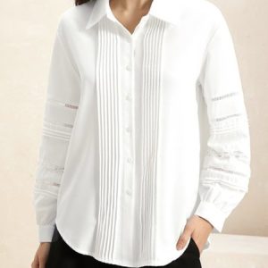 Shirt Collar Long Sleeve Plain Lightweight Loose TUNIC Blouse For Women, Blouses, color:White|size:3XL, Noracora