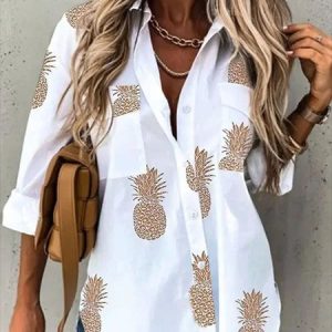 Casual Pineapple Shirt Collar Long Sleeve Tunic Blouse, Shirts, color:White|size:XXL, catalog Noracora shop