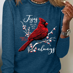 Matthew 28:20 Jesus Will Be With You Always Print Crew Neck Bird Simple Cotton-Blend Long Sleeve Shirt, Long sleeves, Lilicloth.com