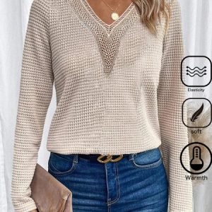 V Neck Long Sleeve Plain Lace Regular Micro-Elasticity Loose Shirt For Women, Blouses, color:Apricot|size:XXL, Noracora