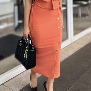 Regular Fit Urban Plain Buttoned Skirt, Skirts, color:Orange|size:XXL, Stylewe