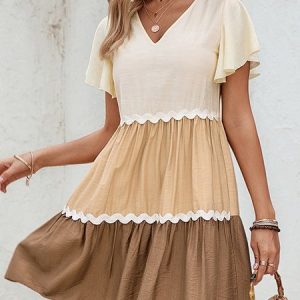 Women Color Block V Neck Short Sleeve Comfy Casual Short Dress, Dresses, color:Khaki|size:XL, Noracora