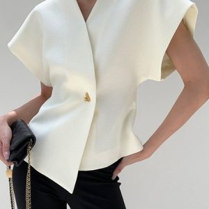 Plain V Neck Regular Fit Urban Blouse, Blouses and Shirts, color:White|size:XXL, Stylewe