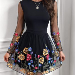 Floral Embroidery Sheer Mesh Patch Long Sleeve Dress, Long Sleeves Dresses, chicme - Women's Fashion Online