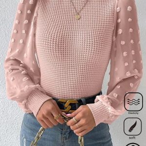 Crew Neck Long Sleeve Plain Lace Regular Micro-Elasticity Loose Shirt For Women, Blouses, color:Pink|size:XL, Noracora