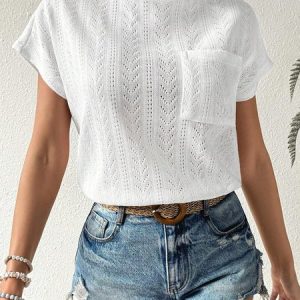 Turtleneck Short Sleeve Plain Regular Micro-Elasticity Loose Shirt For Women, Blouses, color:White|size:XXL, Noracora