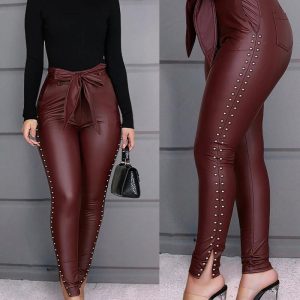 Studded PU Leather Skinny Pants With Belt, Pants, chicme - Women's Fashion Online