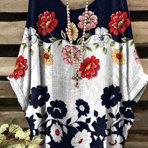 Crew Neck Casual Floral Tops, Blouses, color:Black|size:XXL, Noracora