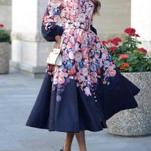 Loose Urban Printing Stand Collar Dress With Belt, Maxi Dresses, color:As Picture|size:XXL, Stylewe