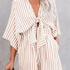 Women Half Sleeve Spaghetti Loose Shorts Daily Casual Striped Low Waist Jumpsuit, Jumpsuits&Rompers, color:Khaki|size:XXL, Noracora