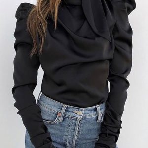 Elegant Long Sleeve Plain Top, Blouses and Shirts, color:Black|size:XXL, Stylewe