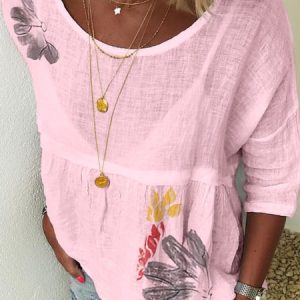 Linen Loose Half Sleeved Tunic Top, T-shirts, color:Pink|size:3XL, Noracora