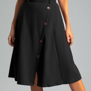 Solid Buttoned Casual Skirt, Skirts, color:Black|size:XXL, Noracora