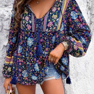 V Neck Long Sleeve Ethnic Regular Loose Shirt For Women, Blouses, color:Purplish blue|size:XL, Noracora