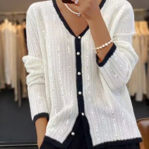 Women's Wool/Knitting Plain Holiday Comfy Casual Glitter Cardigan, Sweaters, color:Black-white|size:XL, Noracora