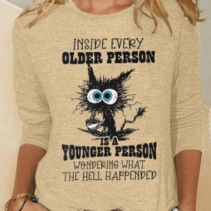 Funny Cat Old Person Casual Crew Neck Long Sleeve Shirt, Long sleeves, Lilicloth.com