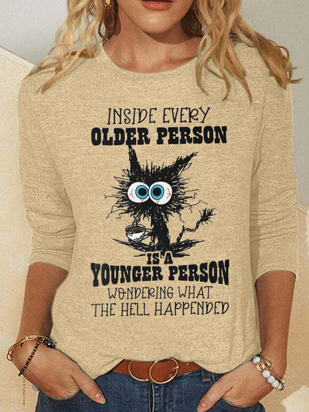 Funny Cat Old Person Casual Crew Neck Long Sleeve Shirt, Long sleeves, Lilicloth.com