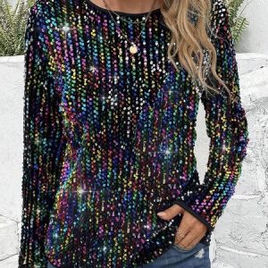 Casual V Neck Plain Sweatshirt Glitter, Hoodies & Sweatshirts, color:Blue|size:XXL, Noracora