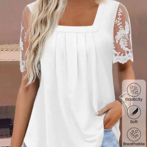 Square Neck Short Sleeve Plain Lace Regular Micro-Elasticity Loose Shirt For Women, Blouses, color:White|size:XXL, Noracora