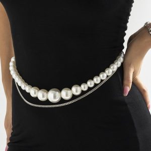Elegant Imitation Pearl Double-layered Waist Chain, Belts, color:Silver|size:One-size, Stylewe