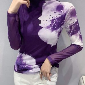 Floral Urban Regular Fit Half Turtleneck T-Shirt, Tees, color:Purple|size:XXL, Stylewe
